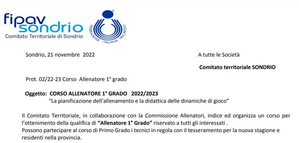 Aperte le iscrizioni per il corso di Allenatori di Primo grado 2022/2023